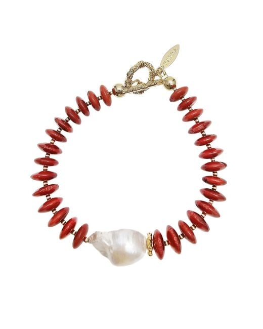 Farra Red Bamboo Coral With Baroque Pearl Bracelet