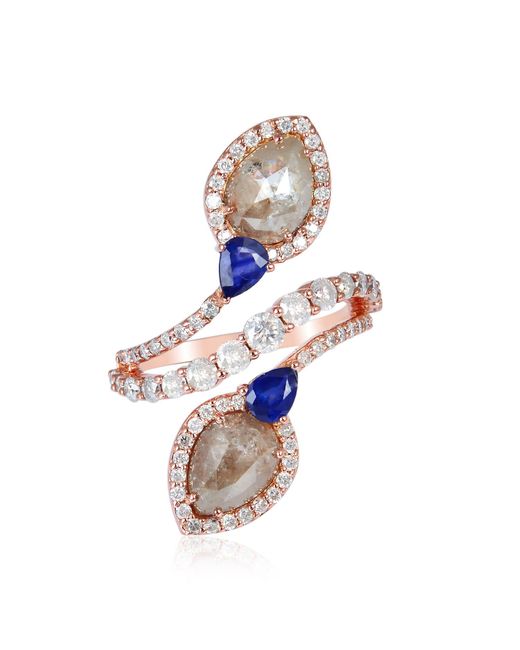Artisan White Ice Diamond Blue Sapphire 18k Solid Rose Gold Spiral Ring