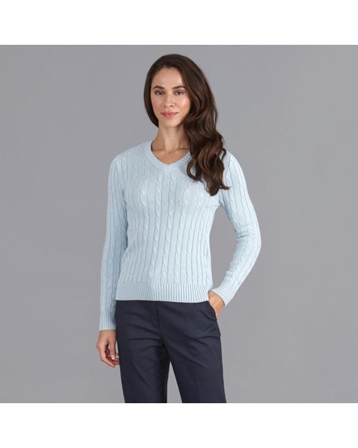 Paul James Knitwear Blue Cotton Talulah Cable V Neck Jumper