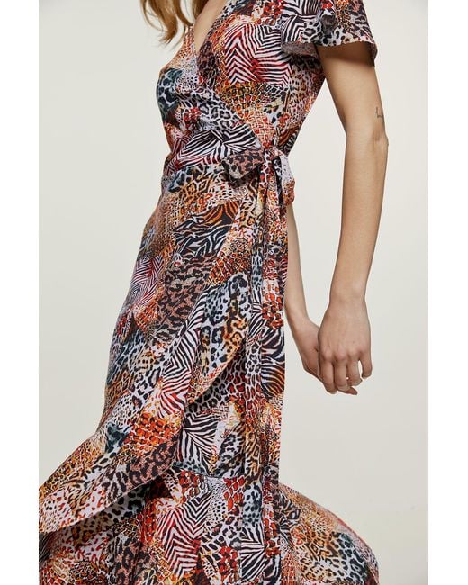 Conquista Orange Animal Print Ruffle Detail Wrap Dress