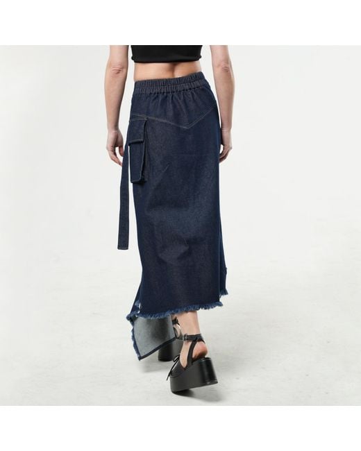 Metamorph Blue Asymmetric Dark Denim Skirt With Zippers