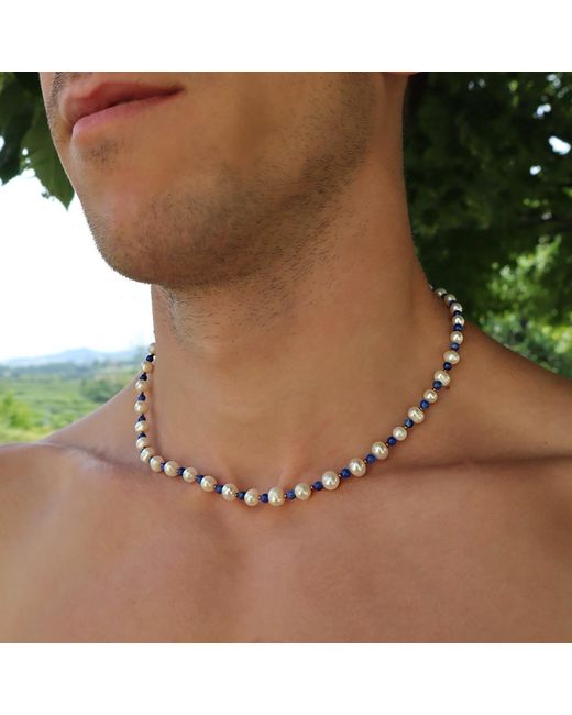 Mineralgems•Studio Blue Lapis Lazuli And Pearl Necklace for men
