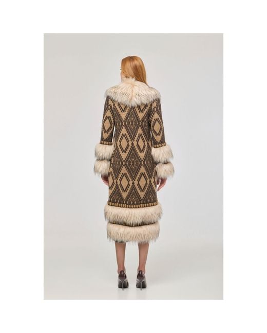 The Extreme Collection Natural Multicolour Long Knit Coat With Faux Fur Kira