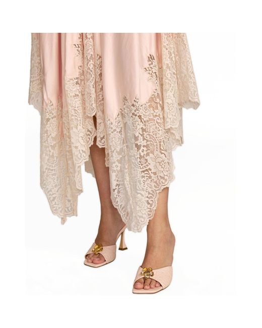 Mac Duggal Pink Lace Trim Handkerchief Midi Dress