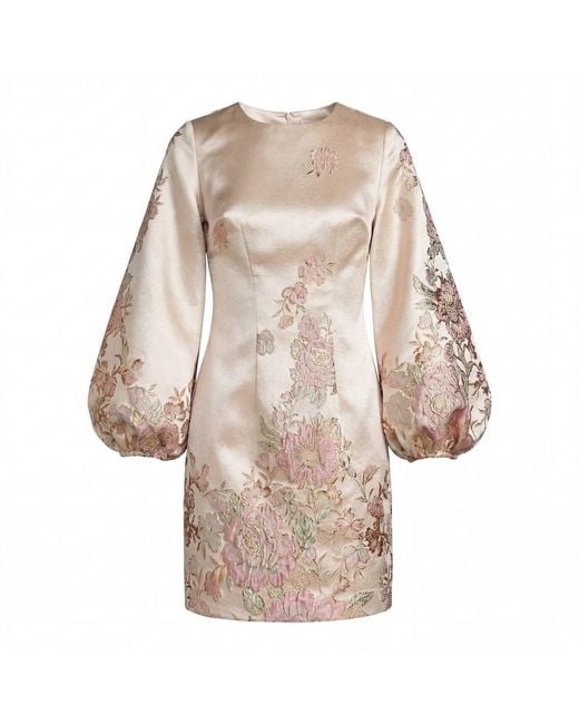 Mac Duggal Natural Neutrals Brocade High Neck Long Sleeve Mini Dress