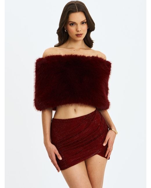 Miss Circle New York Red Darla Burgundy Faux Fur Off-Shoulder Cropped Top