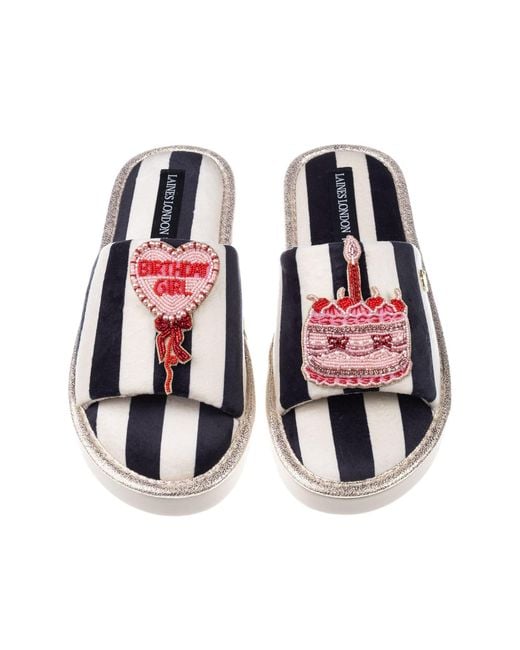 Laines London Red Flatform Stripe Open Toe Slippers With Birthday Girl Brooches