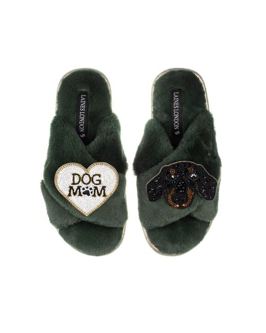 Laines London Green Embroidered Faux Fur Cross Strap Slippers