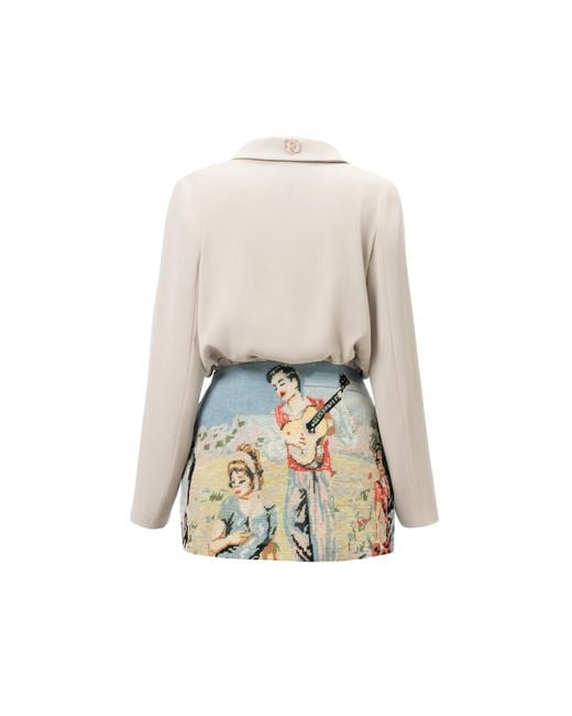 Rondooz White Hand Painted Crepe Wrap Midi Dress With Antique French Gobelin Tapestry & Hand Applied Embellishment