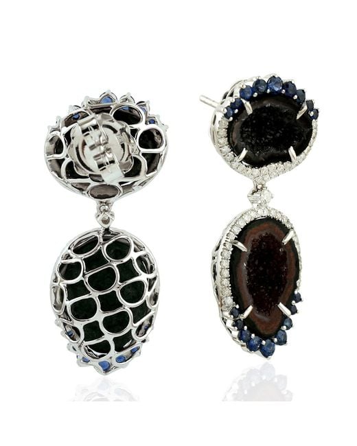 Artisan Black Gemstone Dangle Earrings Prong Set Geode Diamond 18k White Gold