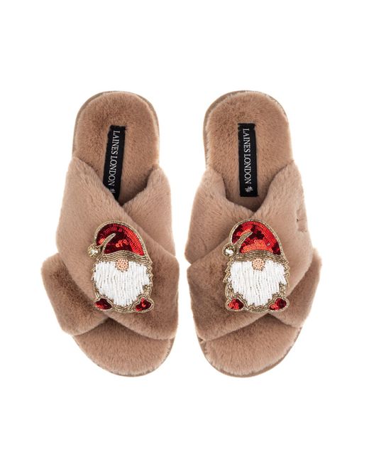 Laines London Women's Brown Neutrals Classic Laines Christmas Collection Slippers With Double Gonk Brooches