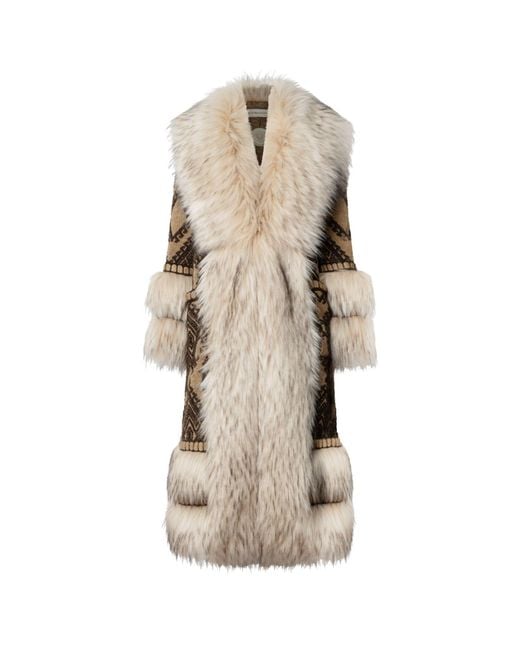 The Extreme Collection Natural Multicolour Long Knit Coat With Faux Fur Kira