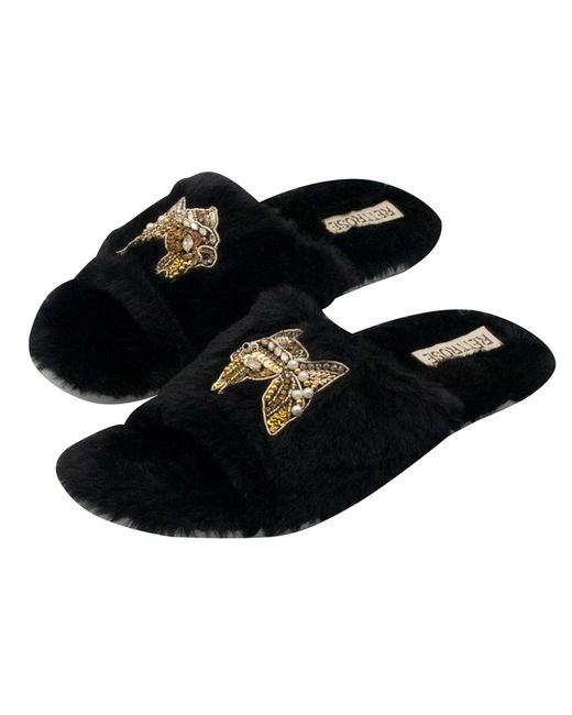 Rettrose Black Mae Luxury Plush Diamanté Embellished Handmade Slipper