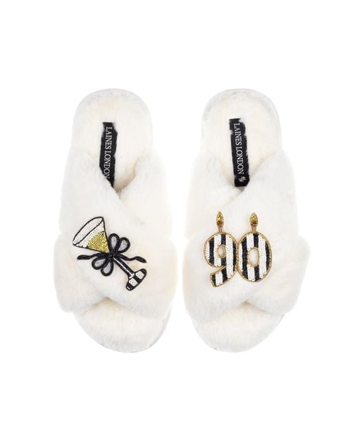 Laines London White Neutrals Classic Laines Slippers With Stripe 90Th Birthday & Glass Of Champagne Brooches