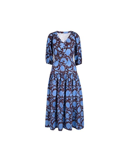 Echo of Pink Blue Elodie Hand Block Print Cotton Drop Waist Dress