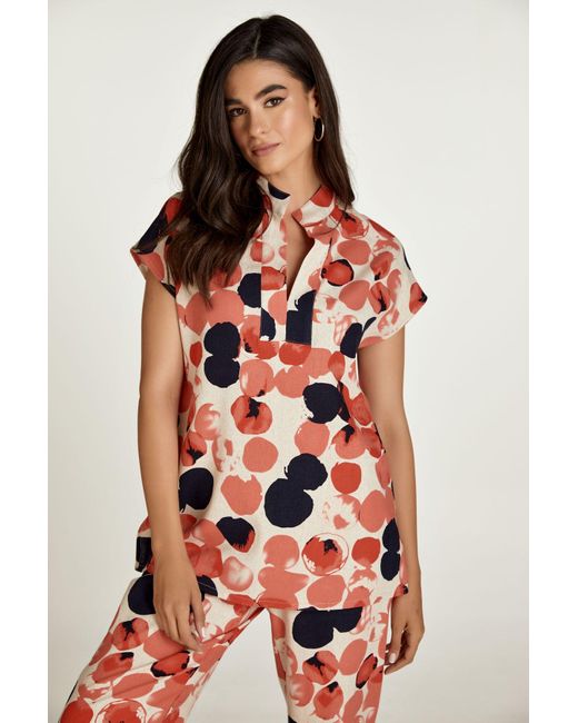 Conquista Red Apricot Print Linen Style Sleeveless Top