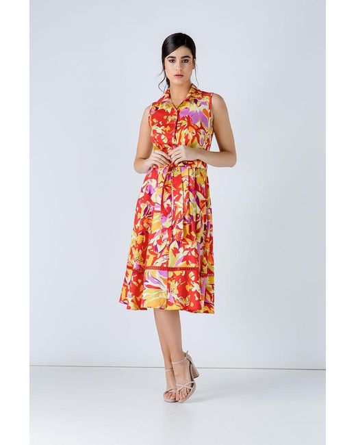Conquista Orange Button Detail Multicoloured Print Dress