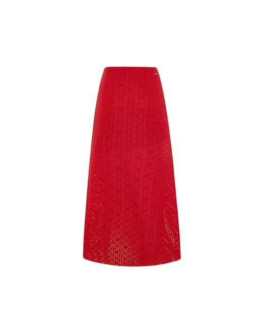 Pcfg The Broderie Anglaise Edit Embroidered Midi Skirt With Side Slit & Ribbon Tie