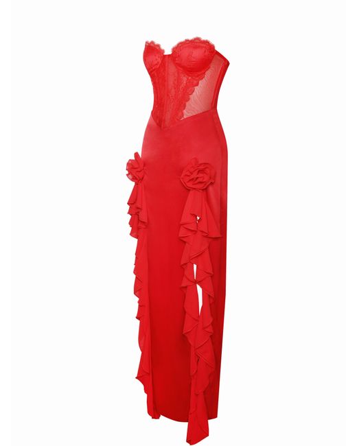 Miss Circle New York Red Talia Satin Lace Corset Maxi Dress