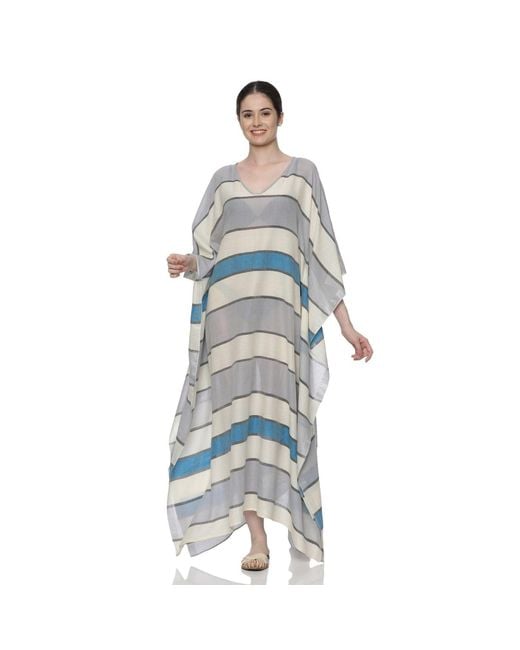 Heritagemoda Blue Riviera Stripe Handwoven Sheer Cotton Kaftan With & Light Stripes