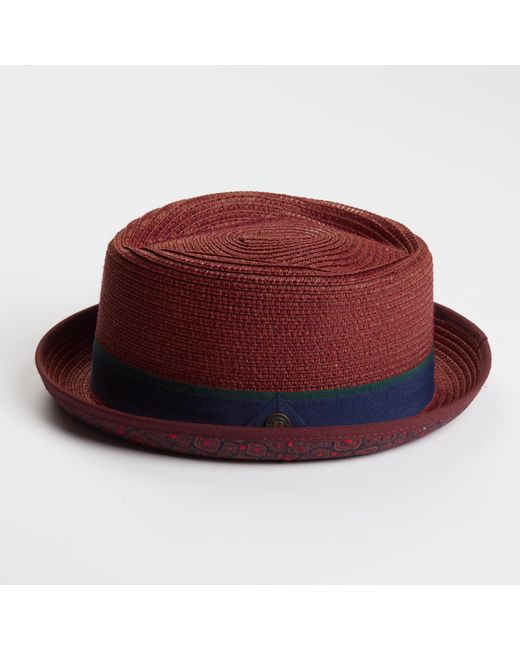 Dasmarca Hats Red Dasmarca Tommy Burgundy Summer Straw Porkpie Hat With Vintage Geometric Prints for men