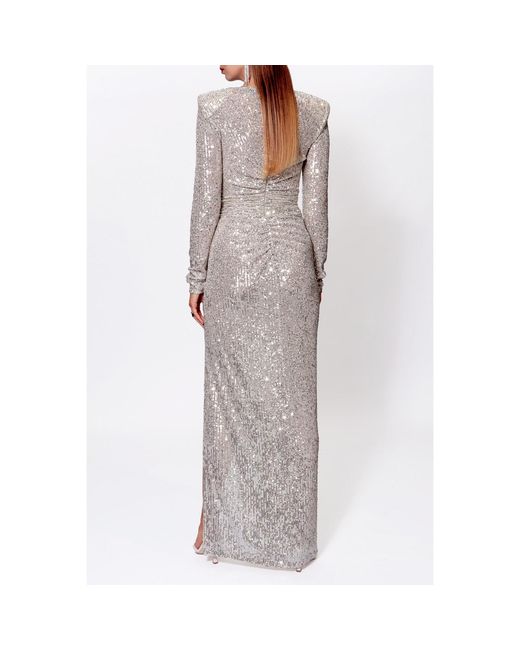 AGGI by HALEWSKI Gray Neutrals Scarlet Champagne Sequined Maxi Dress With Long Sleeves