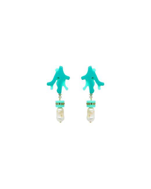 Gissa Bicalho Blue Handmade Earring Coral Pendant And Pearl