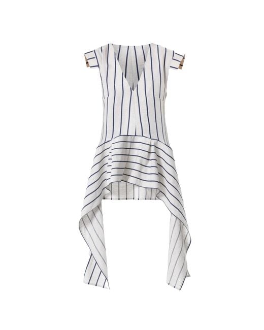 Metamorph Blue Asymmetric Linen Top On Stripes