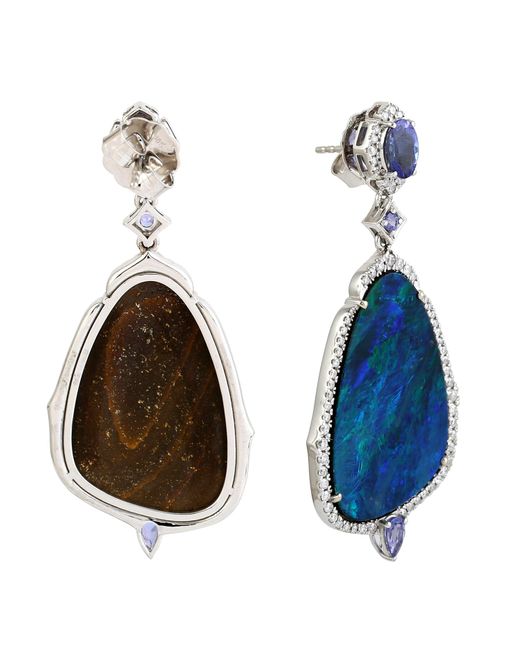 Artisan Blue Amazing Opal Doublet & Tanzanite Pave Diamond With 18k White Gold Dangle Earrings