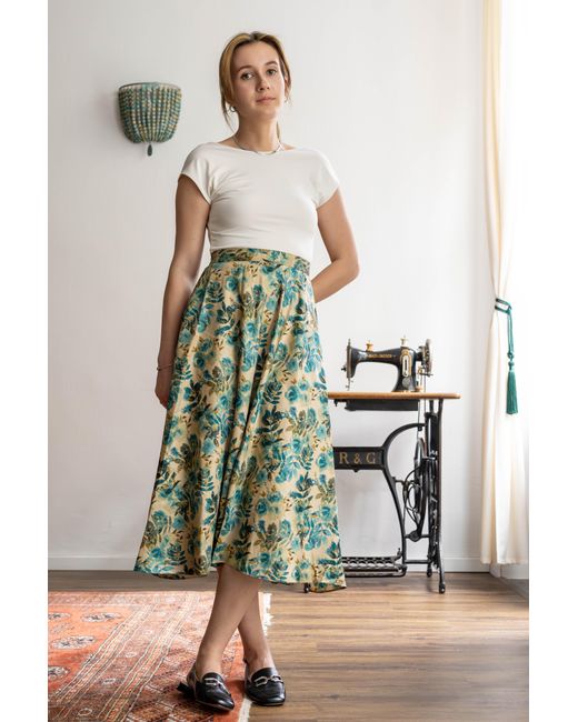 Stovaria Green Raw Silk & Cotton Blend Ankle Length A Line Skirt