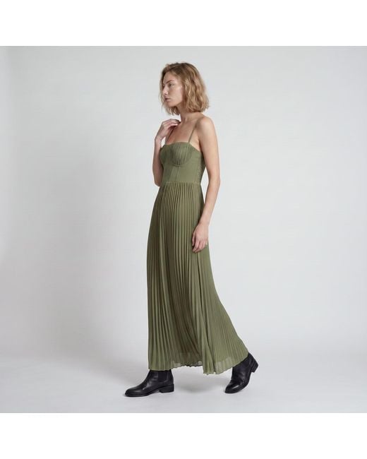 Modenaire Green Pleated Bustier Maxi Dress With Adjustable Straps And Smocked Back