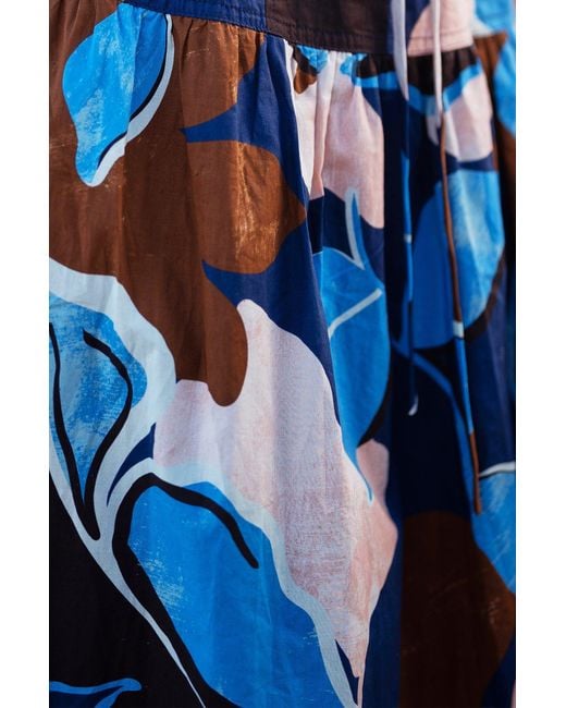 Yumi' Blue Cotton Floral Abstract Dropped Waist Midi Dress