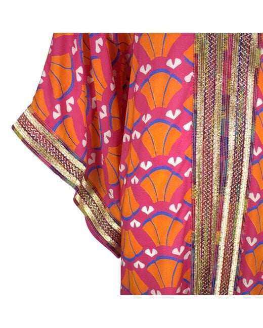Lalipop Design Red Multi-Color Abstract Viscose Kimono Embellished With Golden Embroidery Details