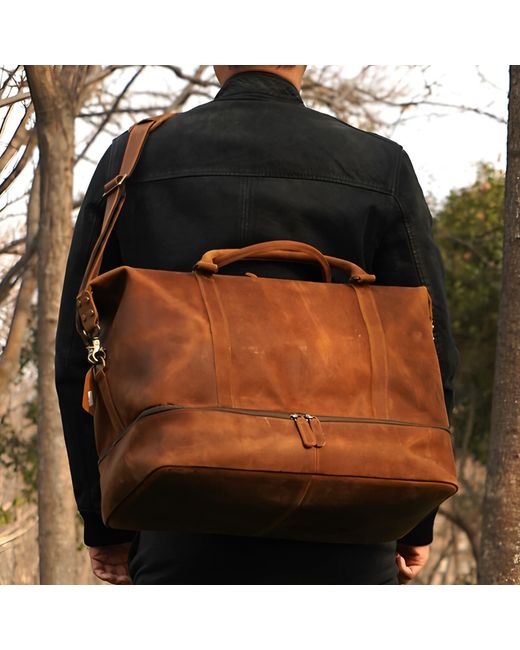 Touri Brown Leather Weekend Bag With Suit Compartment for men