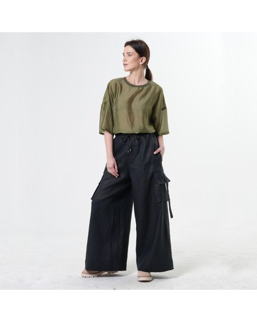 Metamorph Blue Linen Cargo Palazzo Trousers
