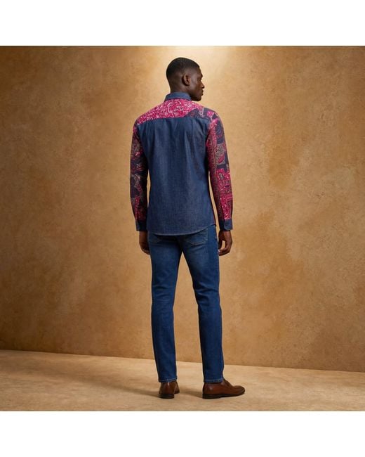 Ohema Ohene Blue Denim & African Print Cotton Shirt – Contrast Panel for men