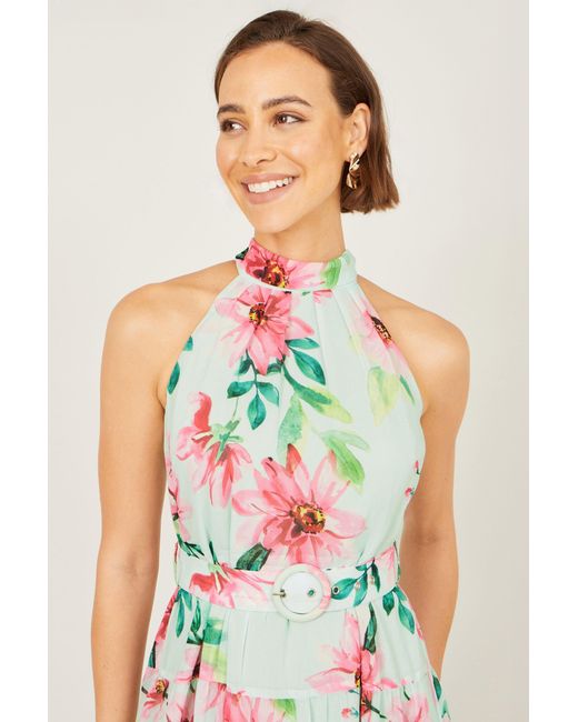 Yumi' White Mint Floral Halter Neck Midi Dress With Matching Belt