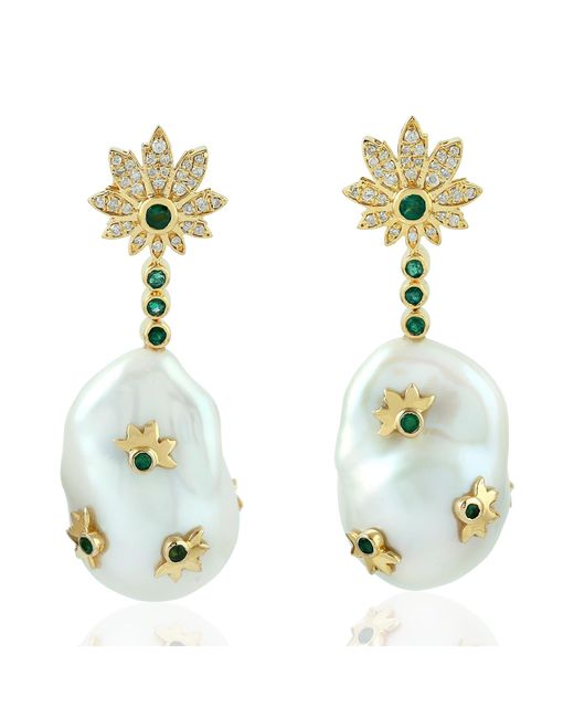 Artisan Green 18k Yellow Gold With Pave Diamond & Pearl Chiness Bezel Set Emerald Stylish Dangle Earrings