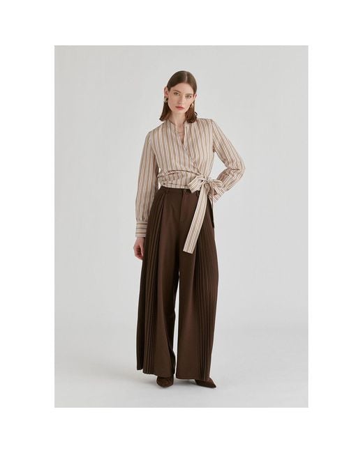 Paisie Natural Neutrals Split Collarless Wrap Top With Side-Tie Waist