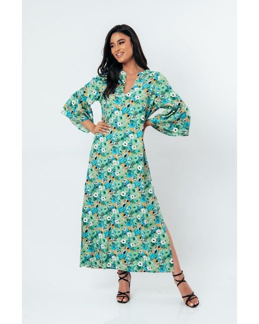 Conquista Green Floral Kaftan Style Maxi Dress