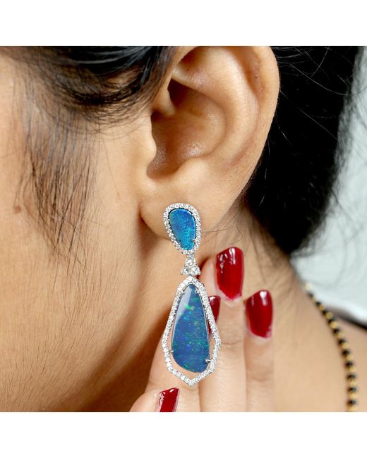 Artisan Blue Uneven Opal Doublet With Pave Diamond Made In 18k White Gold Dangle Earrings
