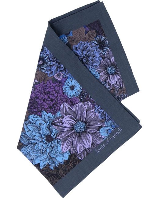 Lords of Harlech Blue Hudson Marco Floral Merino Handkerchief Pocket Square for men