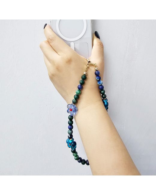 Farra Blue Phoenix Lapis Gemstone With Flowers Phone Semiprecious Stone Strap