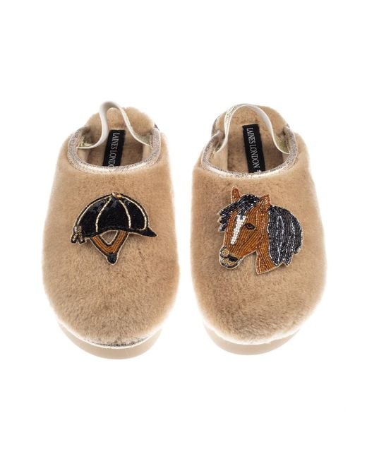 Laines London Brown Neutrals Flatform Cloud Closed Toe Slippers With Riding Hat & Horse Brooches