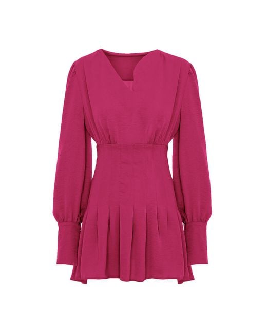 BLUZAT Women's Pink Fuchsia Mini Dress With Pleats And
