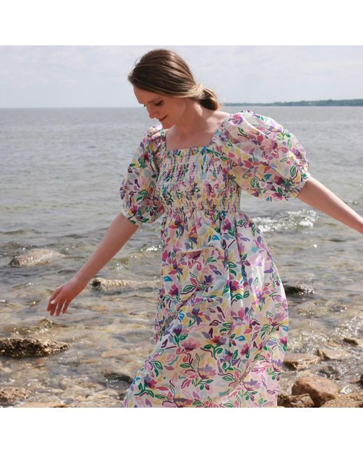Jessie Zhao New York Blue Garden Smocked Cotton Silk Dress