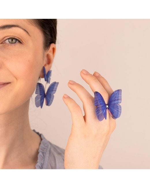 Oana Savu Blue Dark Silk Butterfly Earrings Sterling Statement Dangle Ear Wires