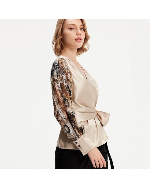 Smart and Joy Natural Neutrals Cross Heart Top With Floral Print Sleeves