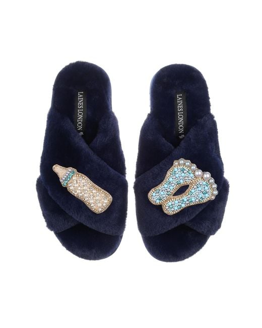 Laines London Blue Classic Laines Slippers With New Baby Boy Brooches