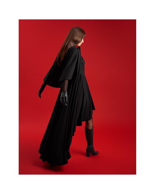 Femponiq Black Bow Tie Neck Cape Sleeve Maxi Dress